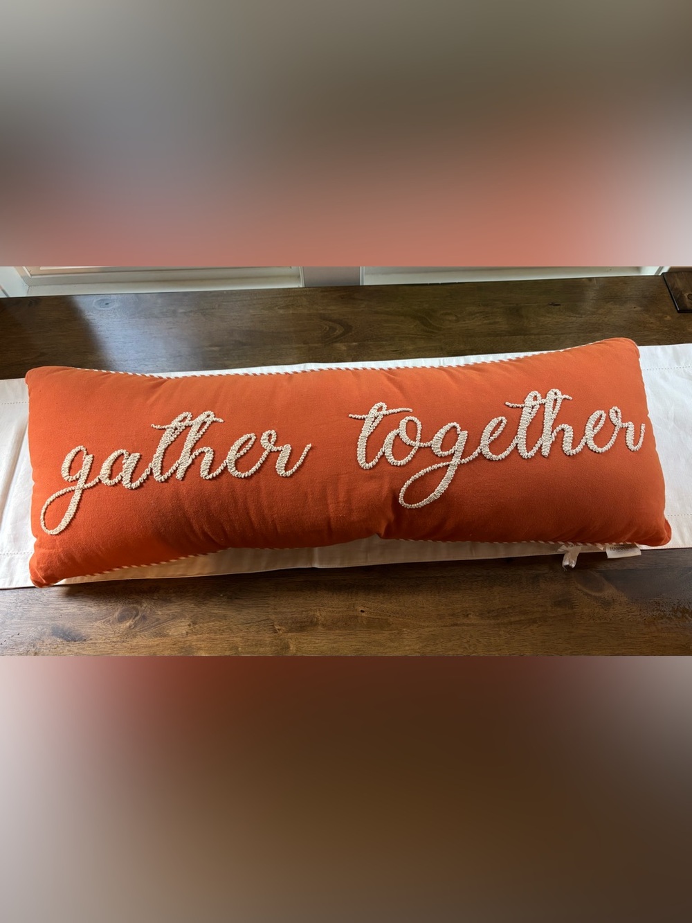 Fall Orange  33.5” ‘Gather Together' Embroidered Pillow Thanksgiving Holiday